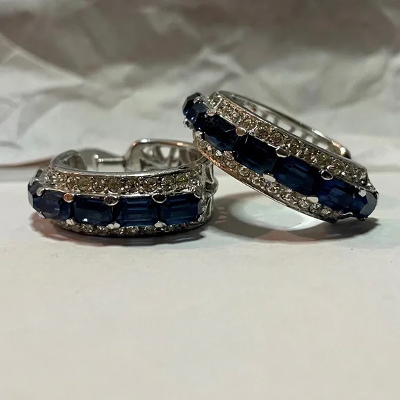 Silver-Toned Faux Blue Sapphire and Zirconia Hoop Earrings –Crystal Huggie Hoops - Picture 4 of 15